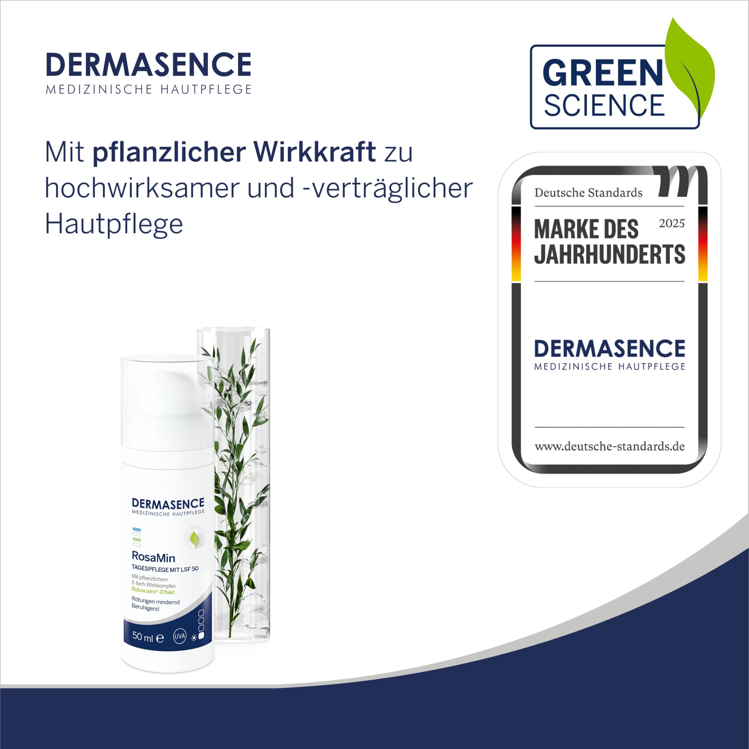 DERMASENCE RosaMin Tagespflege mit LSF 50, 50 ml – Beruhigende Gesichtscreme für empfindliche Haut, parfümfrei, Pflege bei Rötungen, leichter UV-Schutz gegen Reizungen, Hautpflege ohne Duftstoffe.