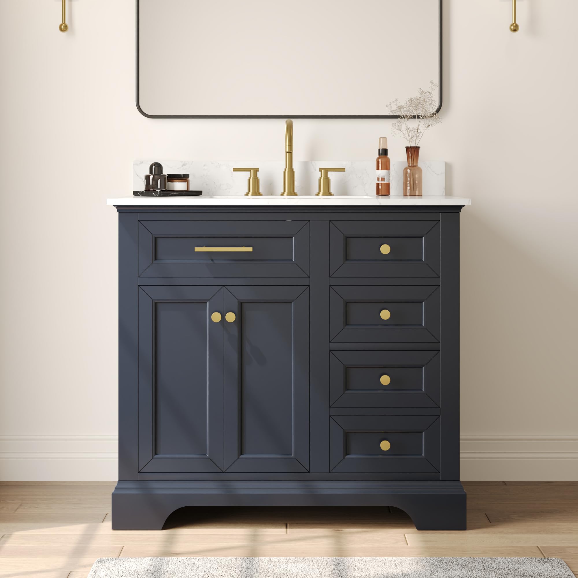 DeerValley 36'' Bathroom Vanity with Ceramic Sink Top, Pre-Assembled Modern Wood Bathroom Cabinet Sink Combo with Backsplash