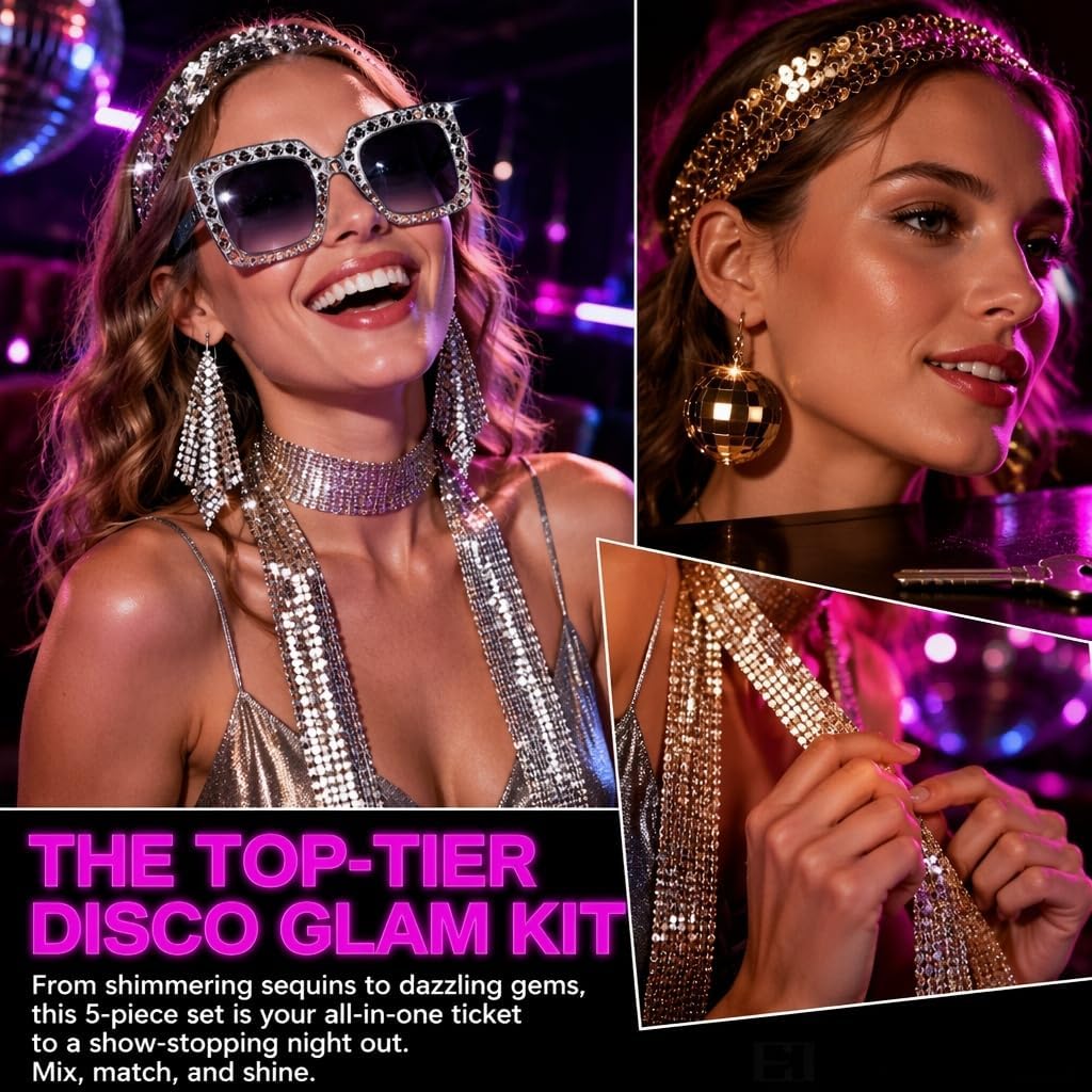 70s Disco Costume Accessories Set for Women, 5Piece Retro Party Cosplay Kit