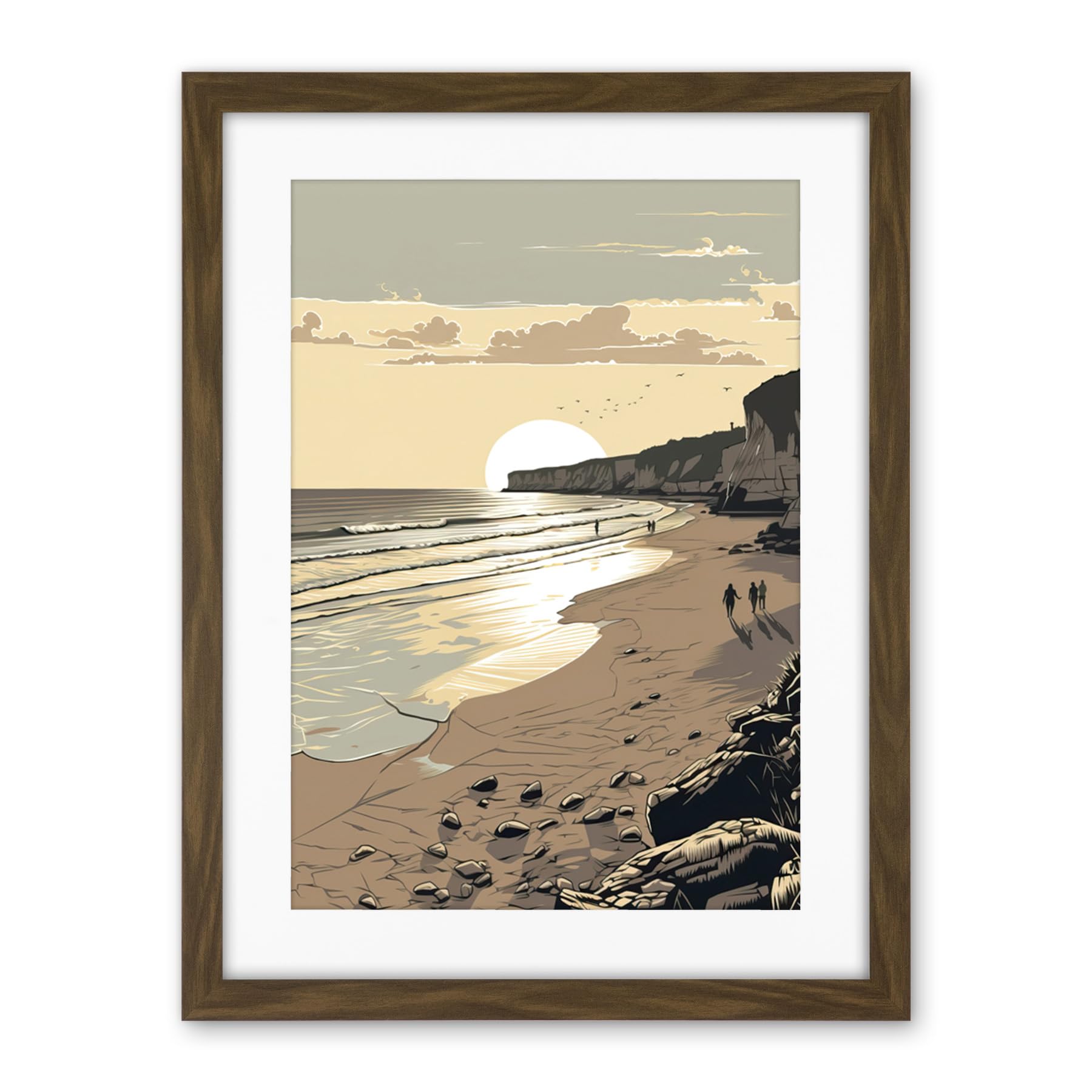 Artery8 Sunrise Walk on Filey Beach Coastal Illustration Artwork Framed Wall Art Print 18X24 Inch