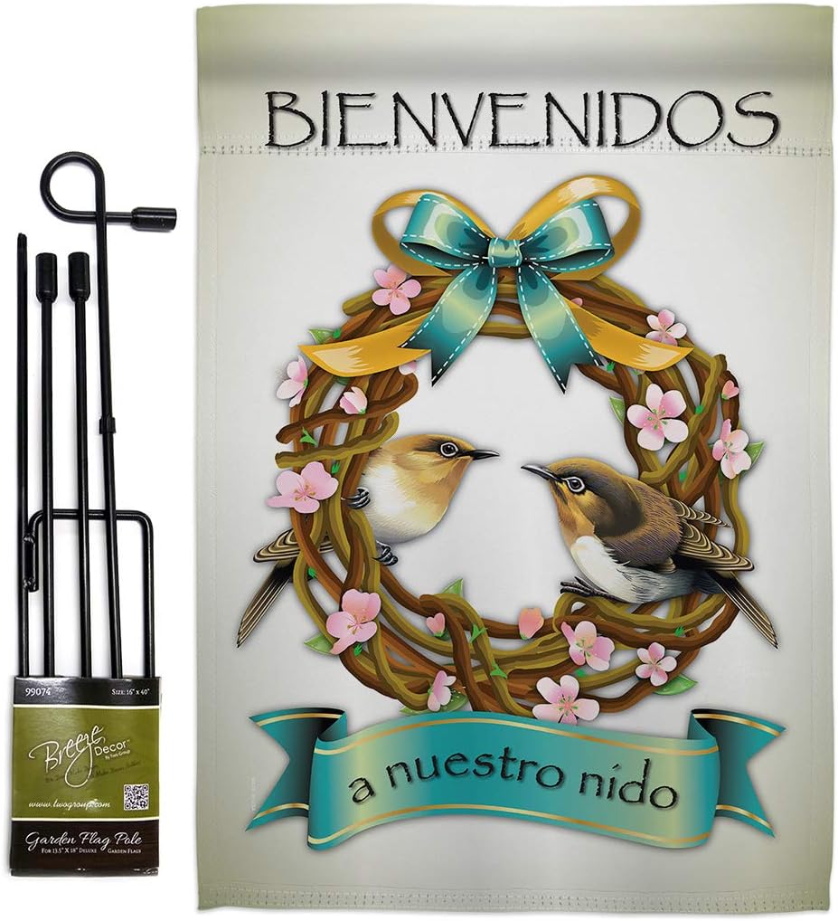 Bienvenidos a Nuestro Nido Burlap Garden Flag Animals Bird Flamingo Hummingbird Cardinal Peacock Springtime Natural Wildlife Small Decorative Gift Yard House Banner Double-Sided Made In USA 13 X 18.5