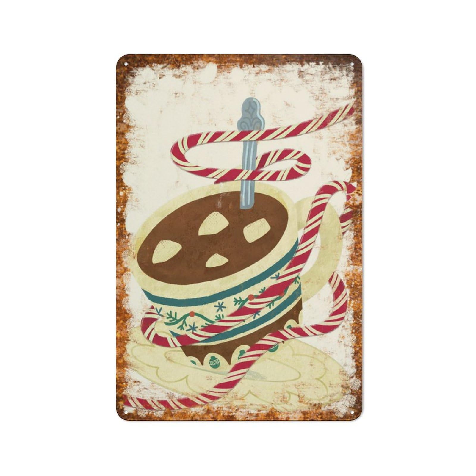 Metal Tin Sign Christmas Hot Cocoa Mug With Candy Cane Pattern Vintage Rustic Wall Art Kitchen Bathroom Bedroom Living Room Cafe Farmhouse Office Garage Home Bar Laundry Room Porch Patio 8x12 Inch