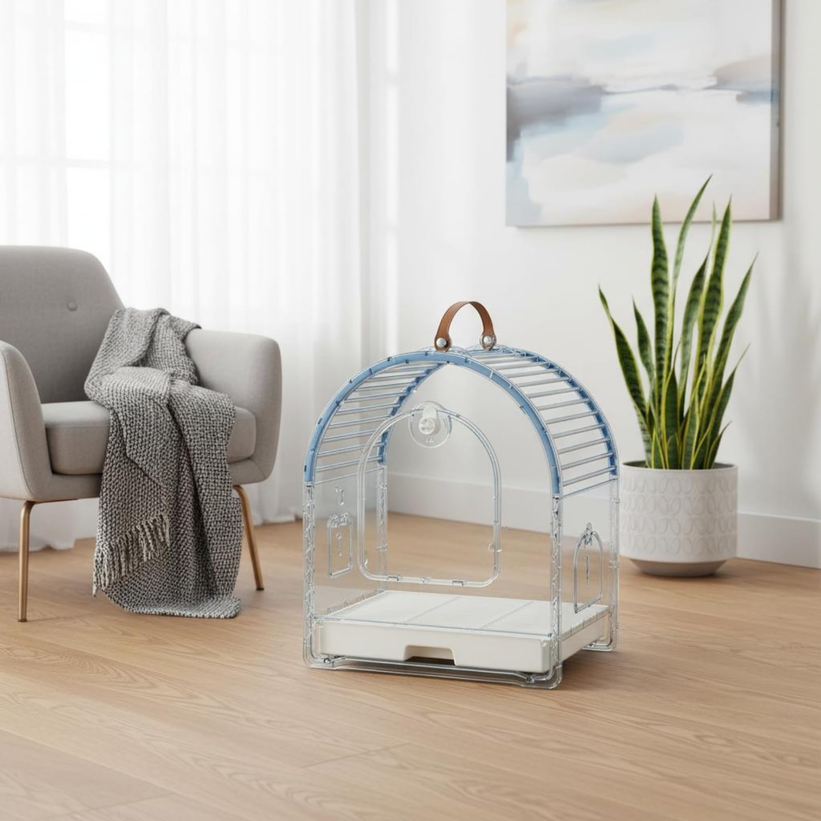 Jaula de Viaje Transparente Gran Espacio Transportador de Aves Transpirable Estilo Moderno Artículo Portátil para Salidas, Blanco Arroz, Mediano