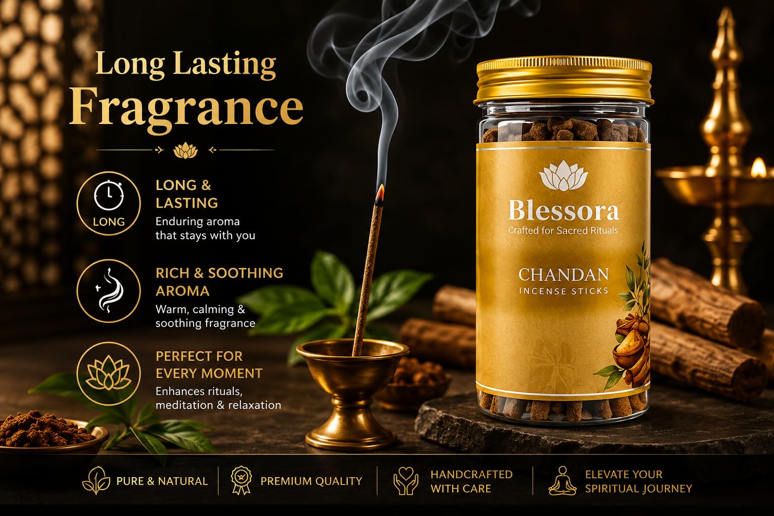 Blessora Incense Sticks - Chandan Bambooless Smokeless Agarbatti for Pooja Meditation & Home Fragrance (45 Sticks, 100g) 4