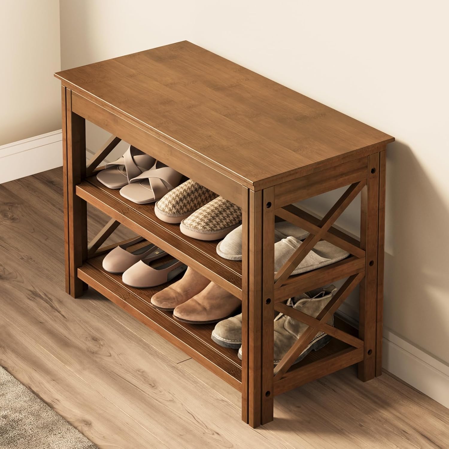 Bamworld Shoe Rack Bench with Storage 3 Tier Bamboo Shoe Bench Entryway Rustic Entryway Bench (X-Brown, 23.6 Inch
