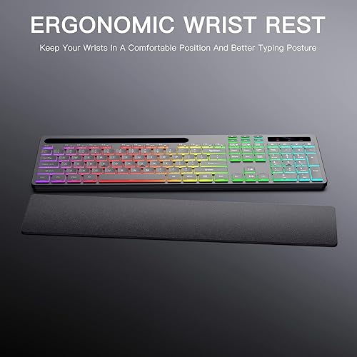 Miniatura 7 de Teclado inalámbrico con 7 colores y 4 modos de retroiluminación RGB, teclado ergonómico con reposamuñecas, soporte para tableta de teléfono, teclado