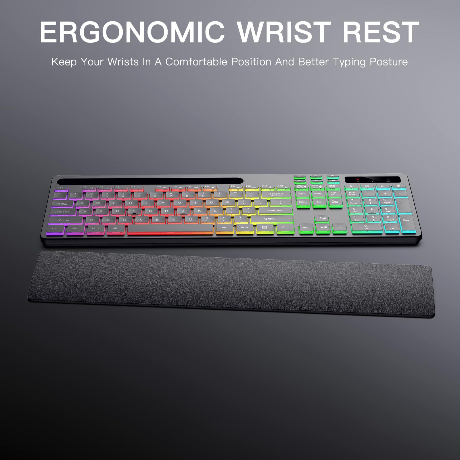 Soueto Tastiera wireless con 7 colori e 4 modalità RGB retroilluminata, tastiera ergonomica con poggiapolsi, supporto per telefono e tablet, tastiera per computer con illuminazione 2,4 G con tastiera
