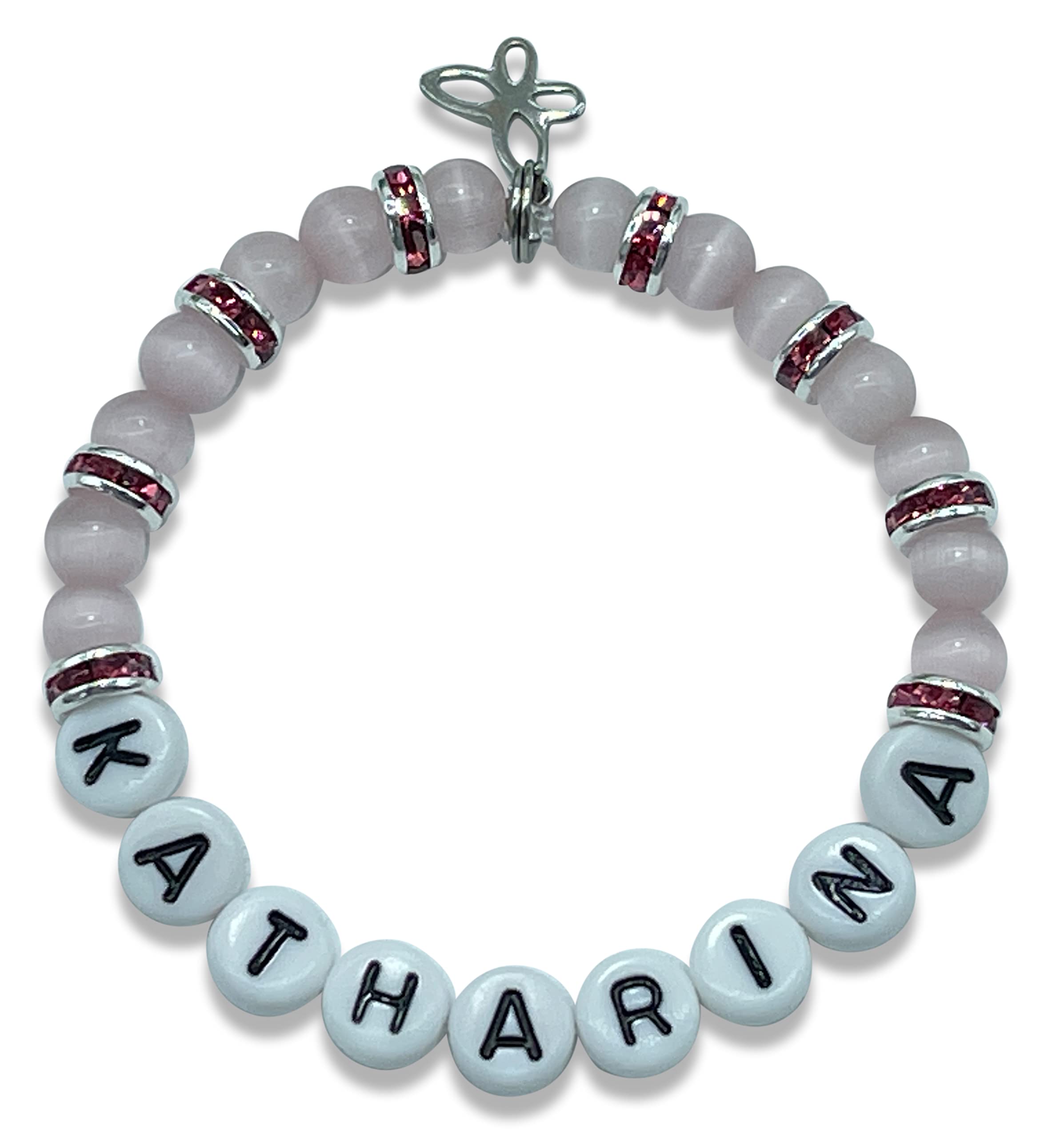 Perlenarmband mit Name Katharina - Cateyeperlen und Strassrondelle - Geschenk Mädchen Kinderarmband Mädchenarmband - rosa weiß mauve - Größen 12cm bis 21 cm - Handmade personalisierbar