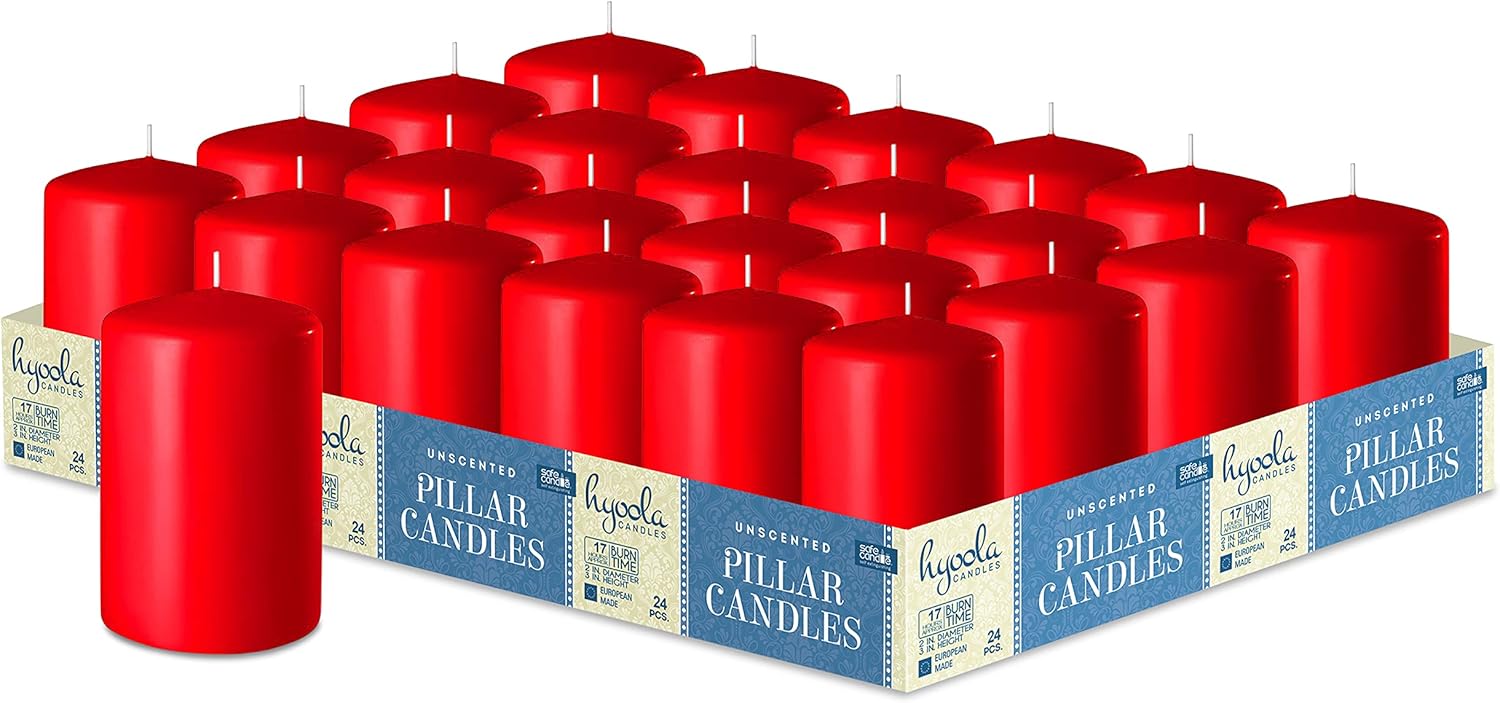 HYOOLA Red Pillar Candles 50/75 mm (2 x 3 Inch) 24 Pack Unscented Pillar Candle Set European