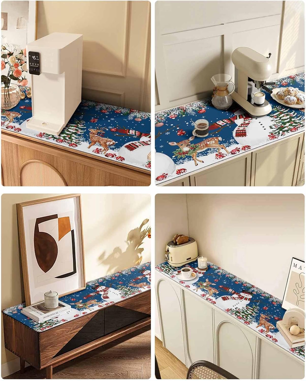 Heat Proof Table Pads Waterproof Decorative, Christmas Snowman Non-Slip Table Countertop Protector, Navy Blue Xmas Tree Ball Elk Snow Insulation Mat for Dining Room, 48 x 12 Inches