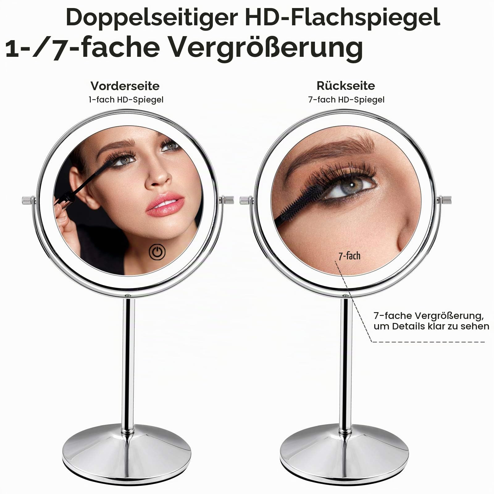 Schminkspiegel Doppelseitig 1X 7X Kosmetikspiegel Desktop Makeup Spiegel, Durchmesser 16.5cm 360° Schwenkbar Einstellbarer Touchscreen, 3 Lichtfarbe Helligkeit, Vergrößerungsspiegel mit Licht