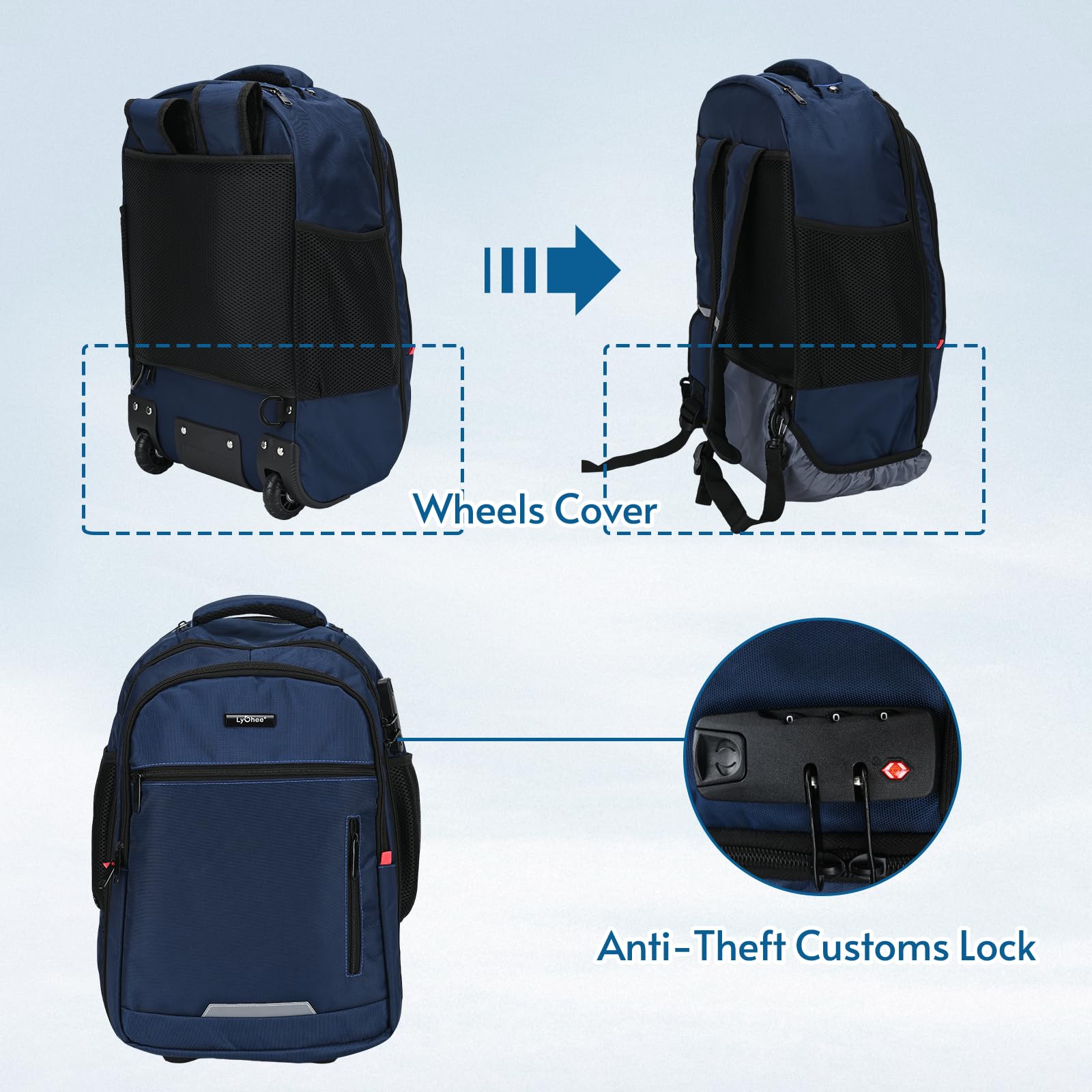Lychee Mochilas Business - Mochilas con Ruedas - Bolsas de Lona con Ruedas - Mochilas para Equipaje - Bolsas con Ruedas - Bolsas con Ruedas para portátiles - Bolsas de Lona Impermeables (Azul)