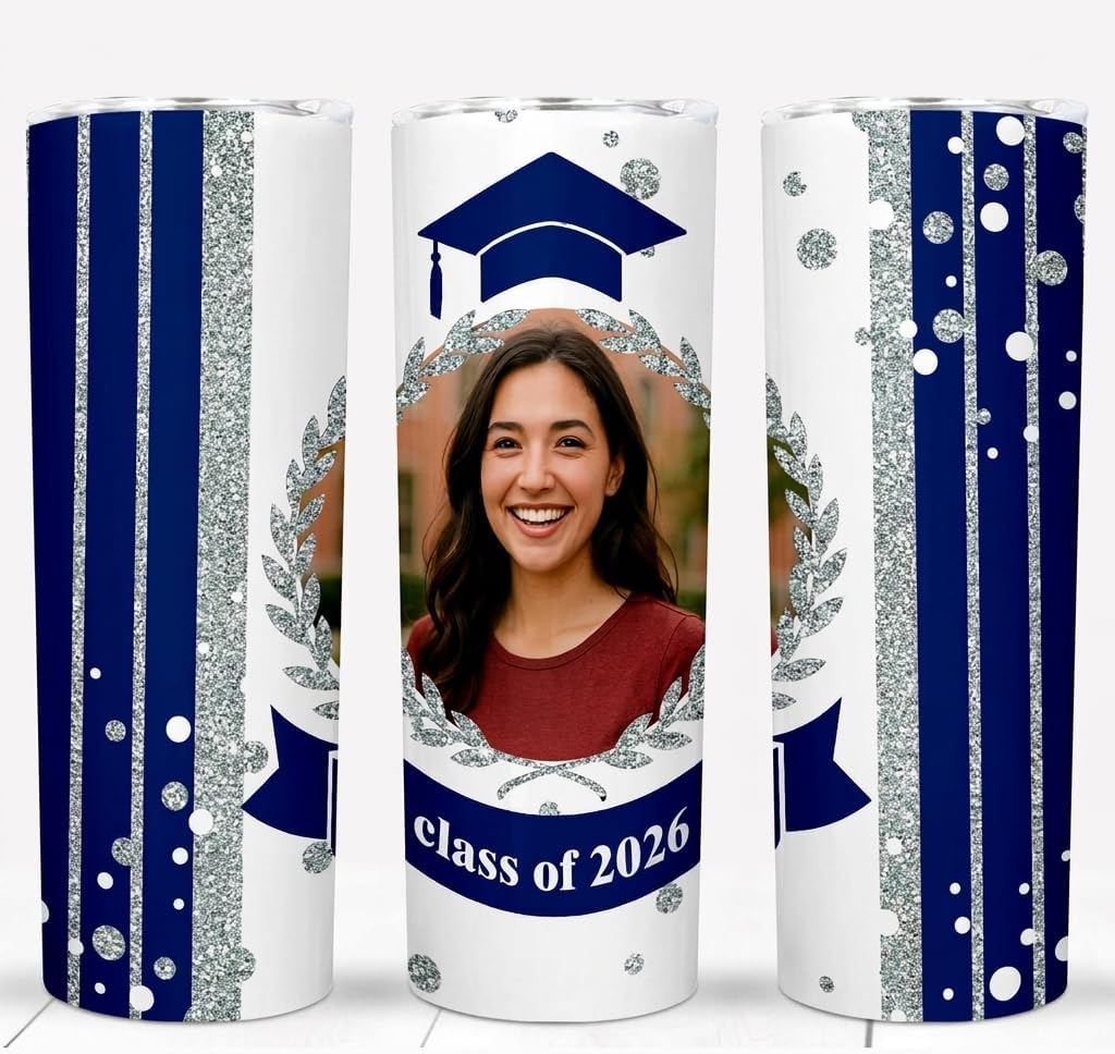 Custom Graduation Photo Tumbler – Class of 2026, 20 oz Stainless Steel with Blue Glitter Look Design – Personalized Gift with Photo for High School or College Grad