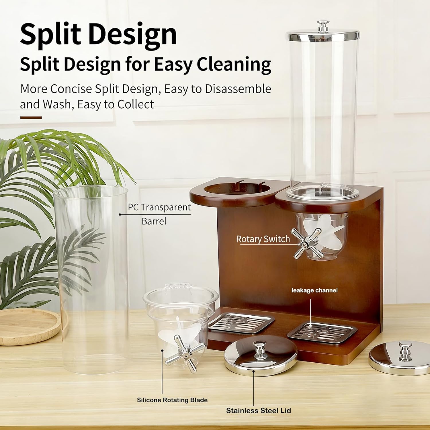Wooden Countertop Dispenser for Candy, Cereal, Snack，Rice & Flour，Food Storage Container with Split Design，Grain & Honey Dispenser Machine for Kitchen Pantry Organization (Shabili base, 8L)
