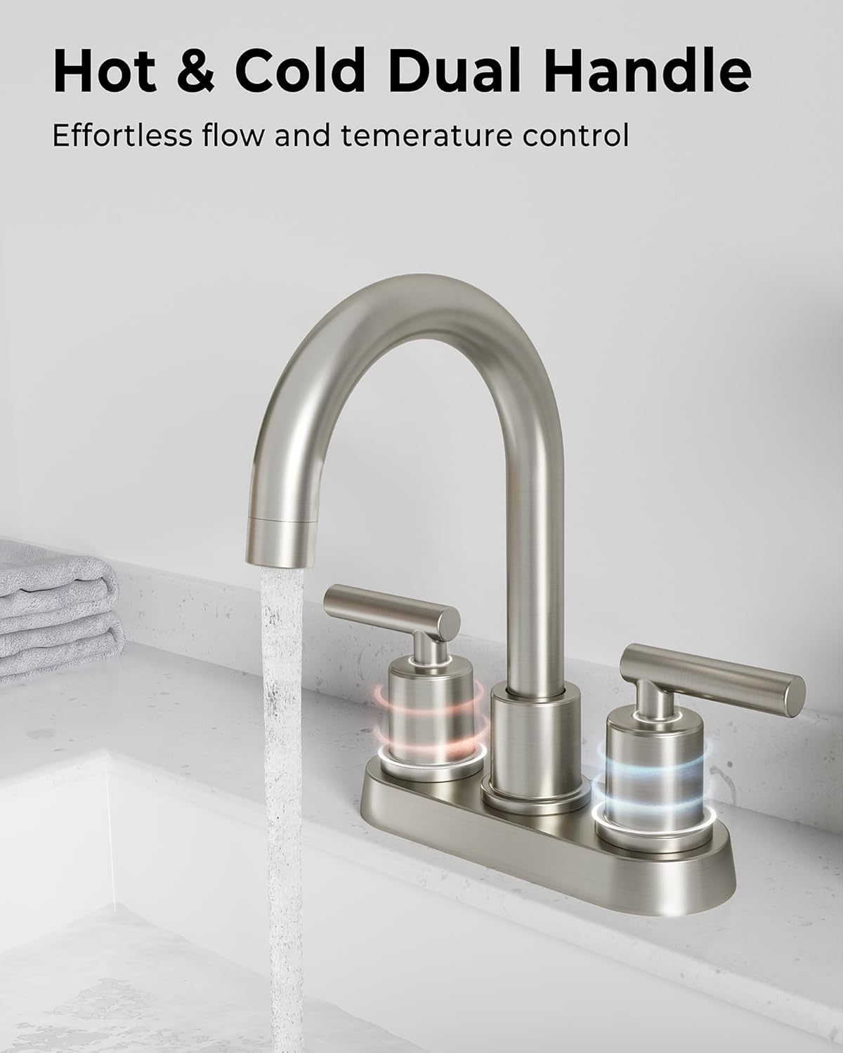 VXV Bathroom Sink Faucet 4 Inch 2 Handle Centerset Modern 360 Rotating Brushed Nickel Water Faucet with Pop-up Drain Stopper Assembly Supply Line Fits 2 Hole