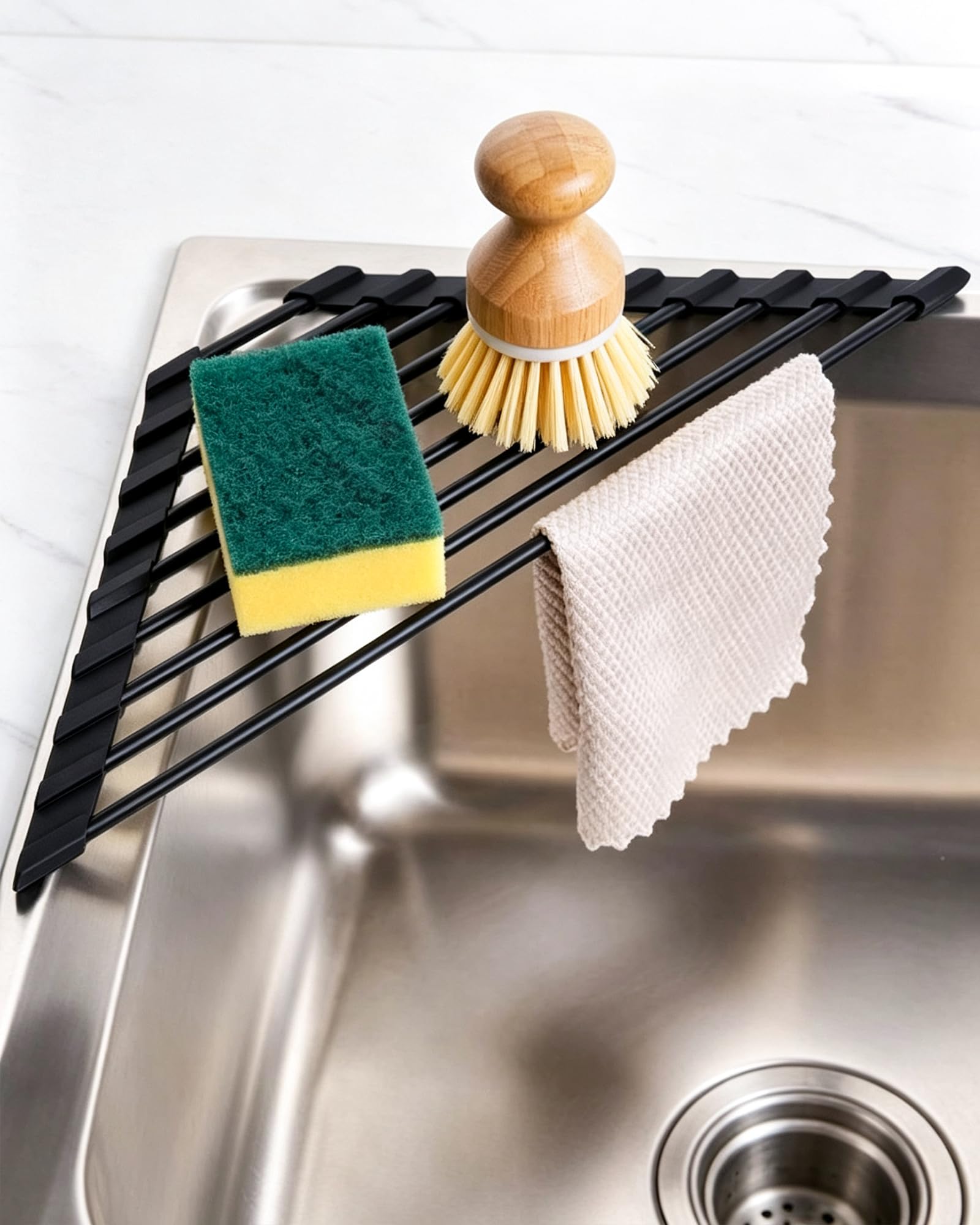 Acual Triangle Roll-Up Dish Drying Rack for Sink Corners, Black