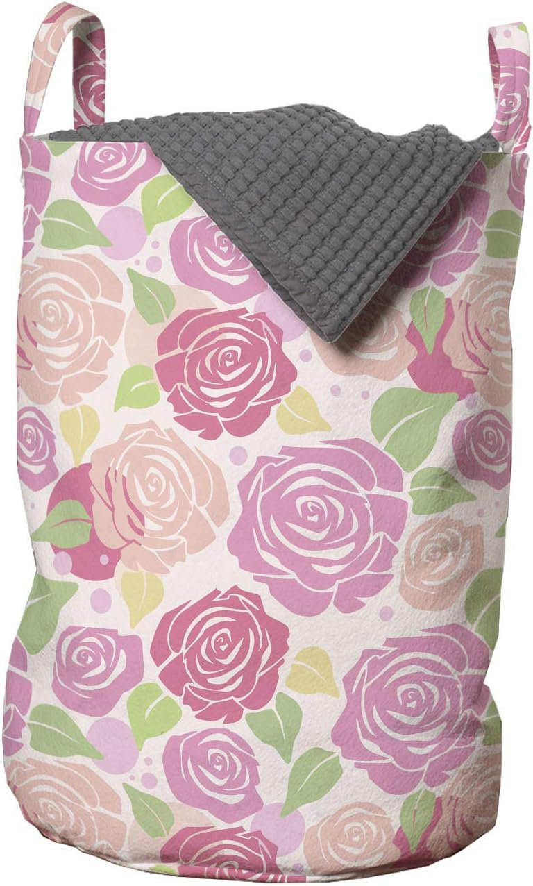 Ambesonne Rose Laundry Bag, Graphic Image of Romantic Flower Silhouettes with Polka Dots Top View, Hamper Basket with Handles Drawstring Closure for Laundromats, 13" x 19", Pink Pale Peach