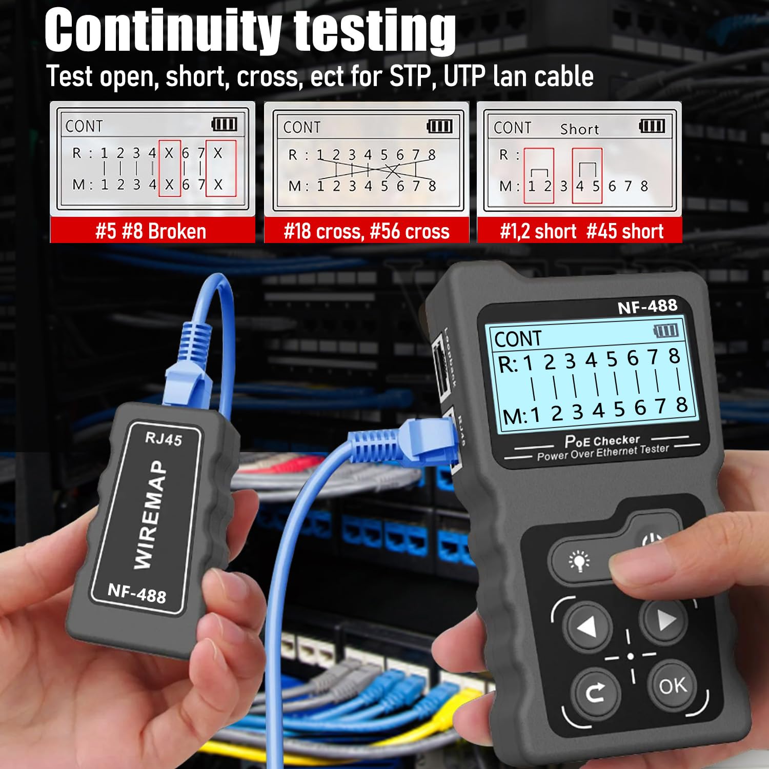 NF-488 Network Cable Testers RJ45 Continuity Checking CAT5 CAT6 LAN Ethernet Cables POE Ethernet Power Tester DC Power & Switch Loop-Back Test POE Detector Network Tool