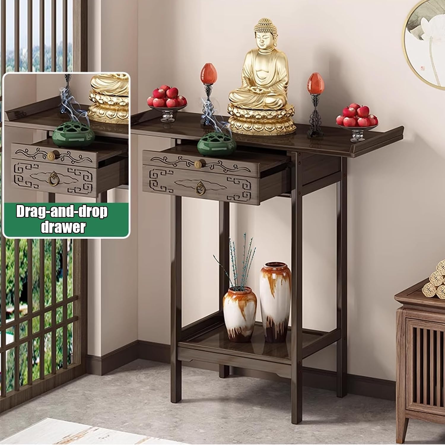 Meditation Table, Personal Shrine Altar Table with Storage, Buddha Niche Chinese, Solid Wood Buddhist Altar, Chinese Cabinet Pedestal Offering Tables(70cm/31.50in)