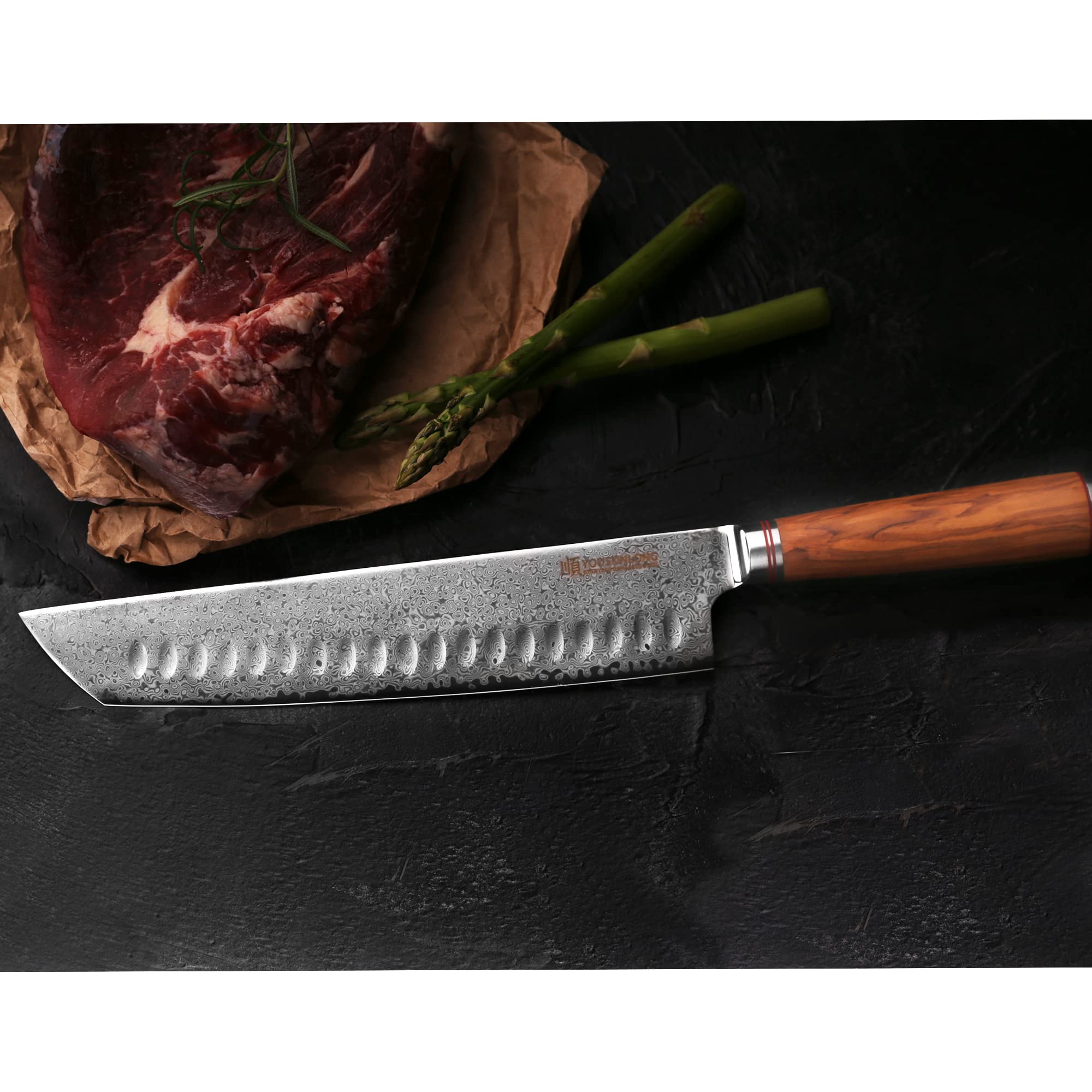 YOUSUNLONG Tanto-Kochmesser - 254 mm - Japanischer Damaszenerstahl - Rasiermesserscharf - Griff aus italienischem Olivenholz mit Lederscheide - Küchenmesser - Schneiden von Fleisch, Rindfleisch, BBQ