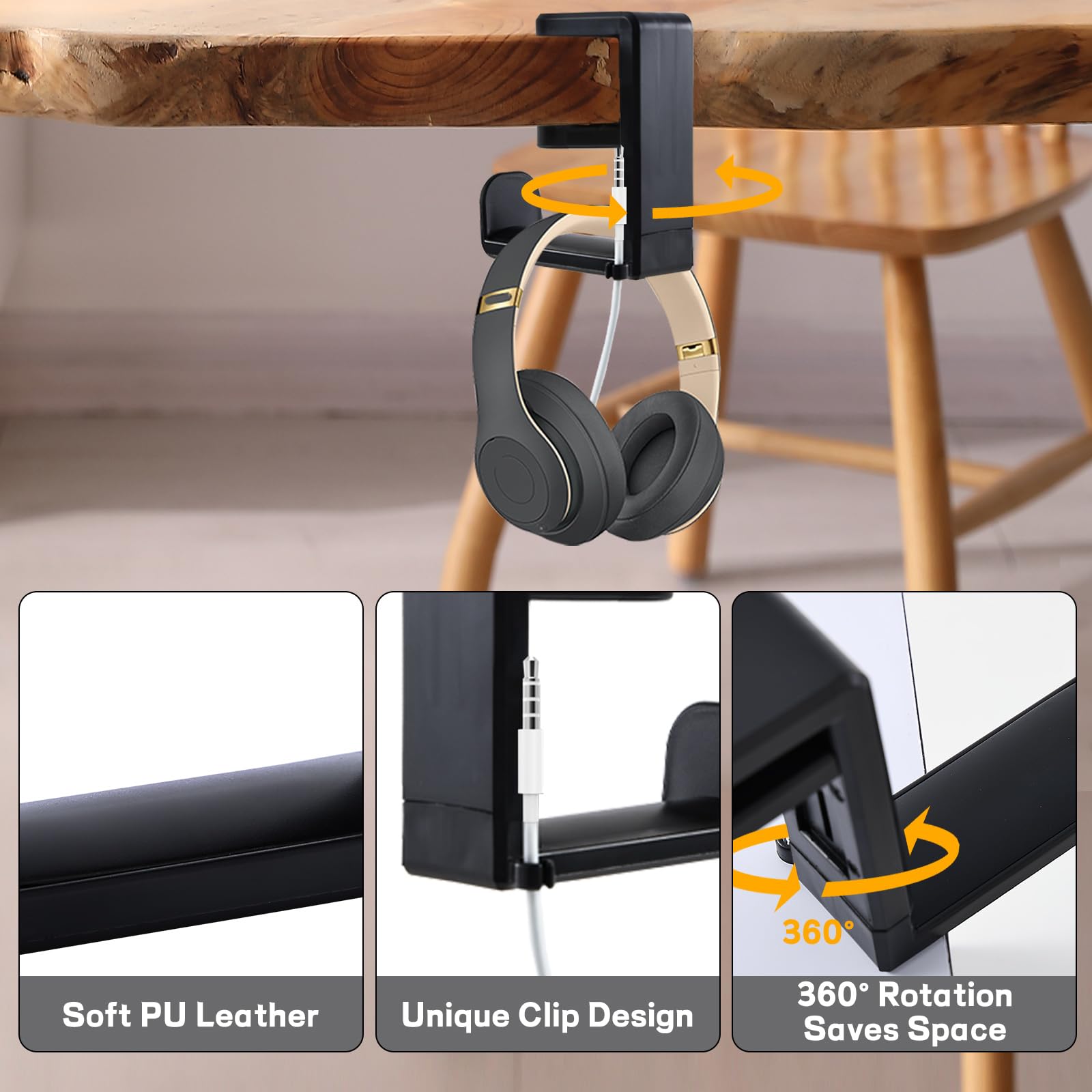 Porta Cuffie da Scrivania Supporto per Cuffie Gaming ABS Metallo Girevole 360° Salvaspazio Nero