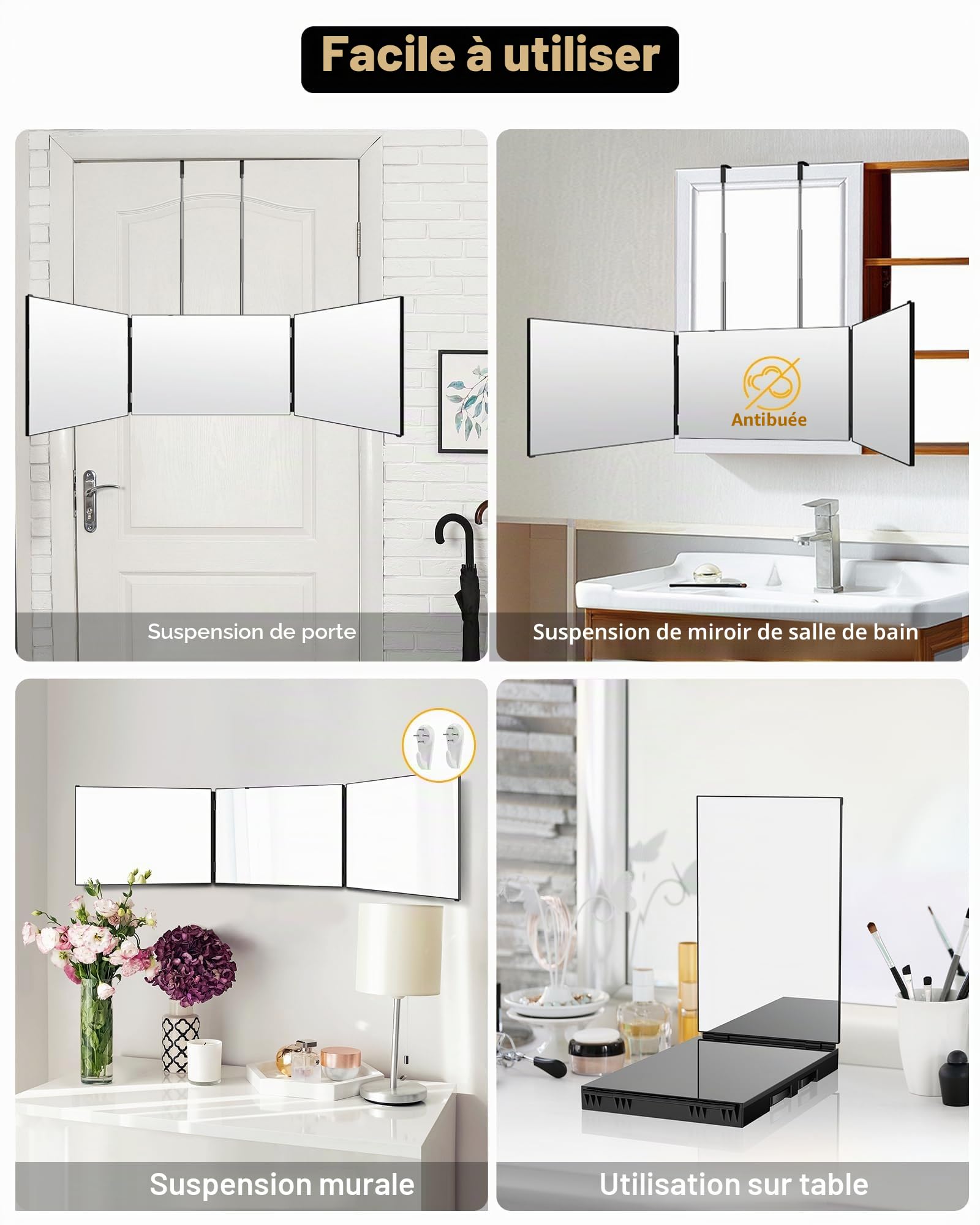 JUSRON Miroir à Suspendre à 360 ° - Cosmétique Miroir Pliable en 3 Parties - Réglable en Hauteur - pour Le Maquillage, Le Rasage, la Coiffure - sans LED
