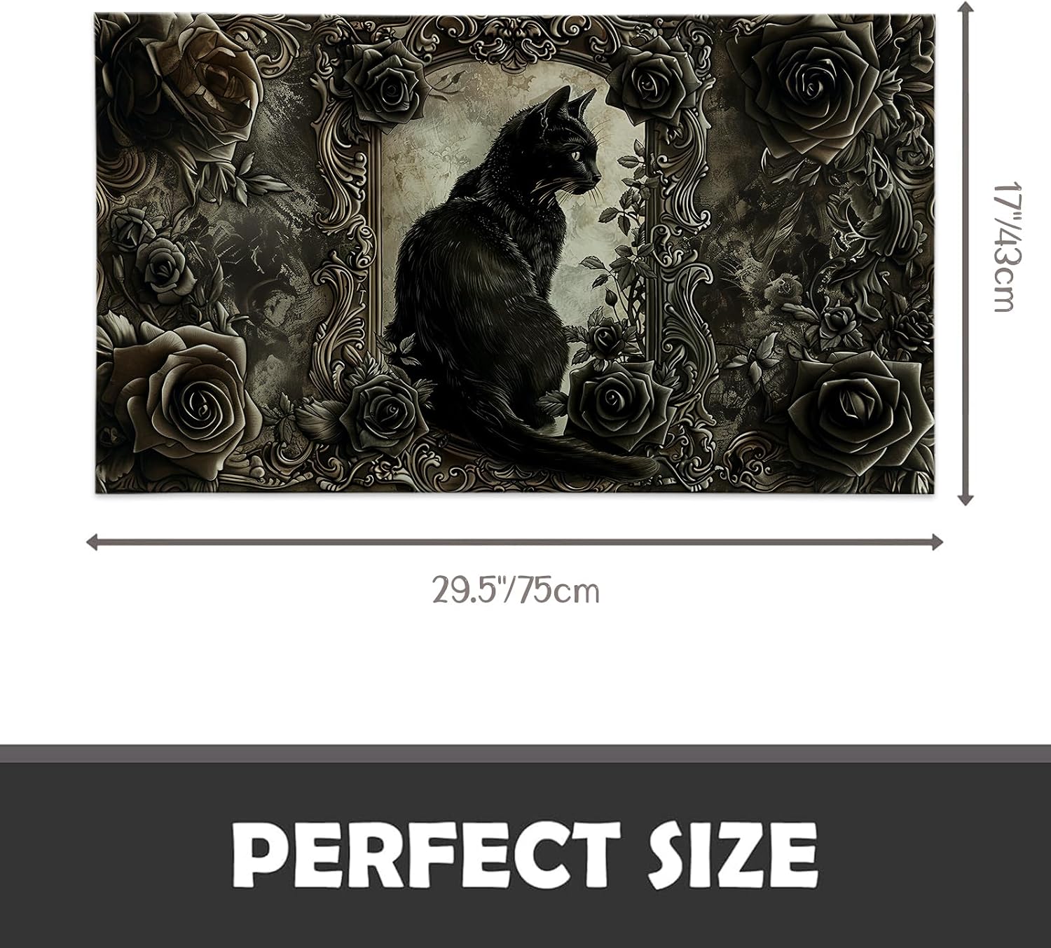 Gothic Black Cat Indoor Door Mat, 17x29.5 Inch, Floor Area Rug for Entryway, Living Room, or Bathroom, Non-Slip Doormat, Dark Rose and Vintage Frame Theme Design Home Decor Rug Gifts