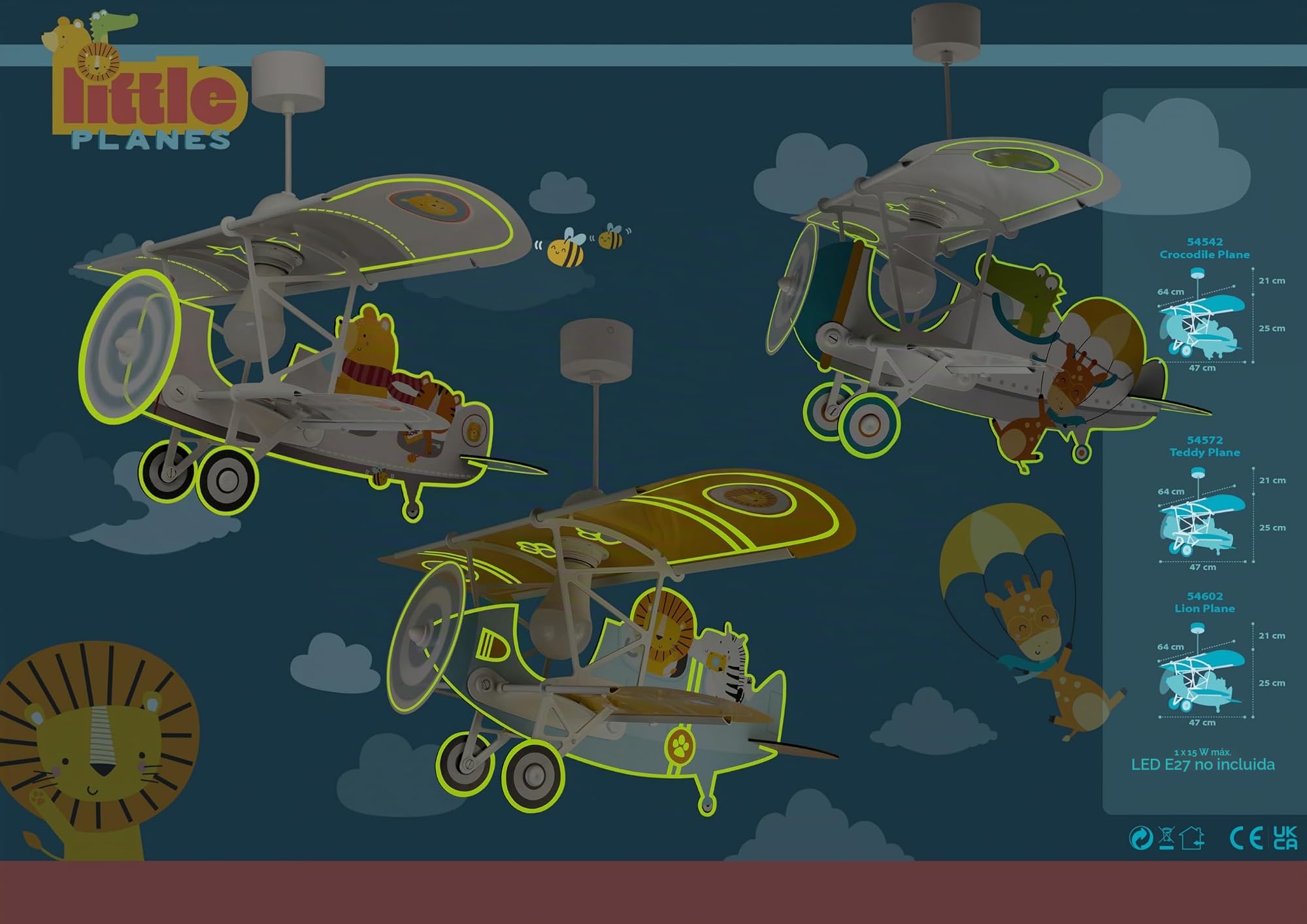 Dalber Lámpara Techo Colgante Infantil Avión Osito Gris 54522 E27 | E27 - 15W; Habitación niños; lámparas infantiles; brilla en la oscuridad; Teddy