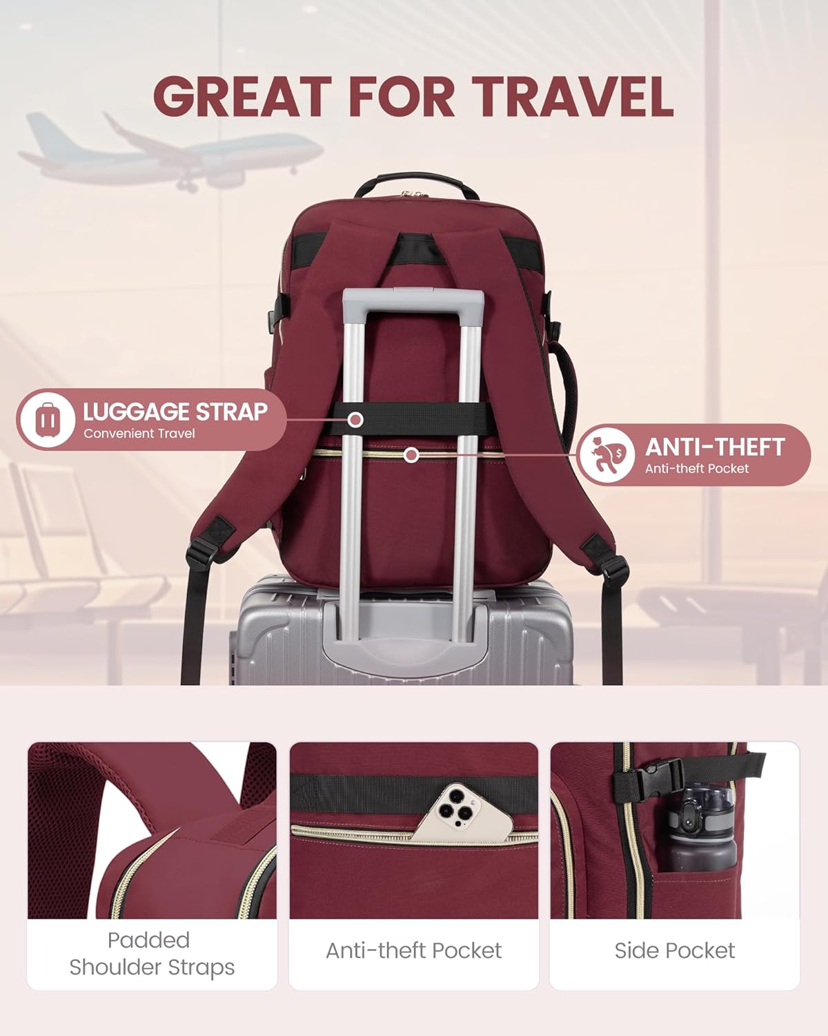 LOVEVOOK Travel Backpack for Women & Men 40L,Airline Approved Carry On Backpack Travel Essentials,TSA Carry on Luggage,Waterproof Personal Item Travel Bag,Suitcase with 3 Packing Cubes,Wine red-Black - Image 6