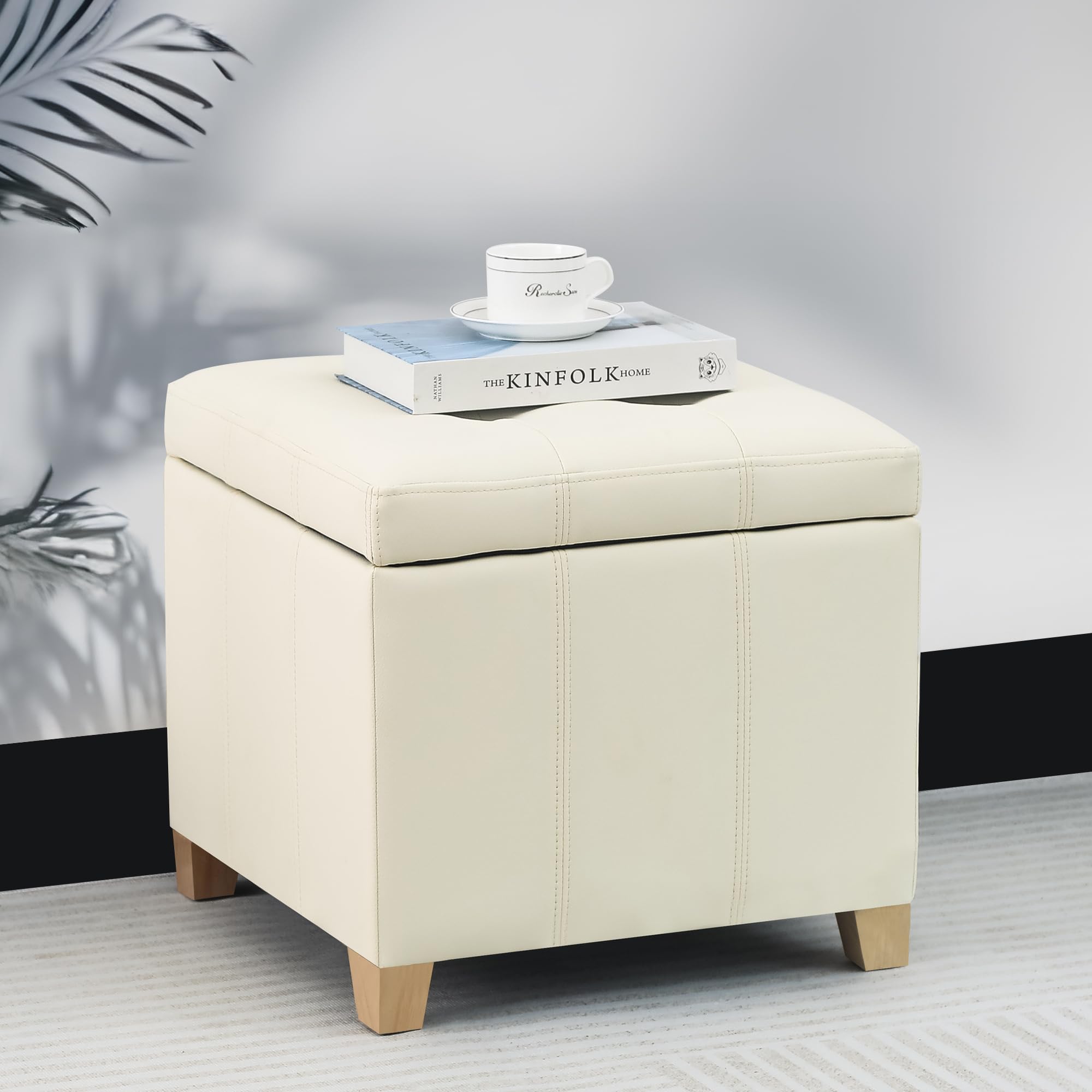 Adeco Faux Leather Storage Ottoman with Hinged Lid, 17.5 Inch High Cream White Square Cube Foot Stool with Storage, Upholstered Vanity Stool with