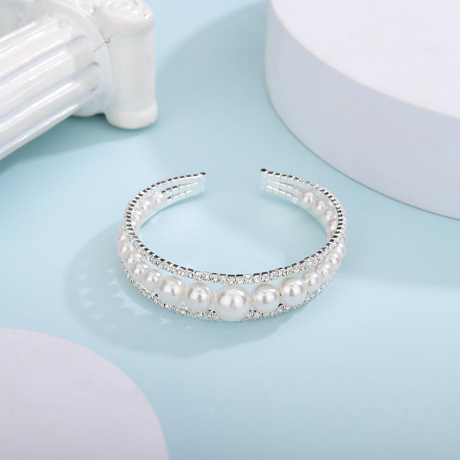 YERTTER Elegant Multi Row Crystal Pearl Cuff Rhinestone Bridals Crystal Stunning Bangle Bracelet Layered Cuff Bracelet Gift for Women Brides - Image 6