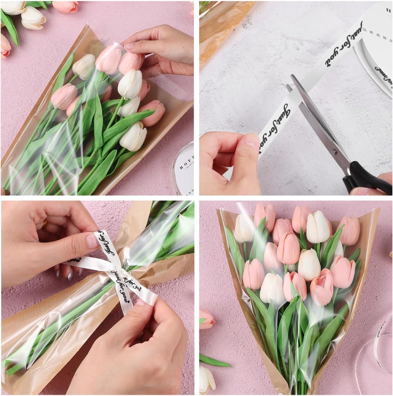 Angoily 40Pcs Kraft Paper Flower Bouquet Wraps with Clear Window Floral Sleeves for Wedding Birthday Graduation Flower Arrangement and Packaging