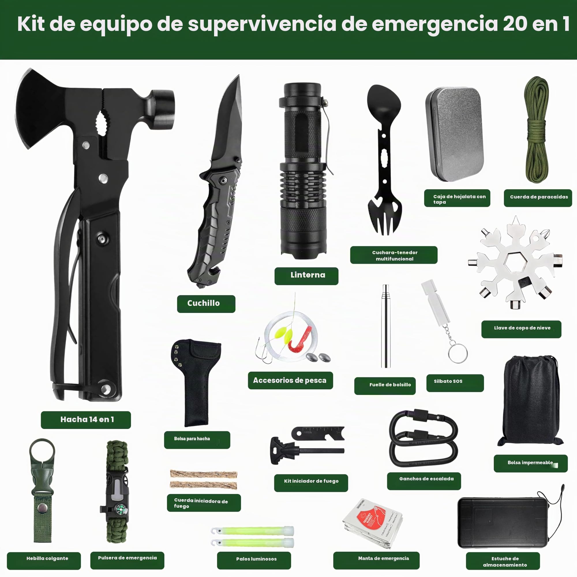 Kit de supervivencia 20 en 1, equipo de emergencia, kit de supervivencia militar de alta calidad, paquete de supervivencia, mochila de emergencia llena, equipo para exteriores, set de supervivencia