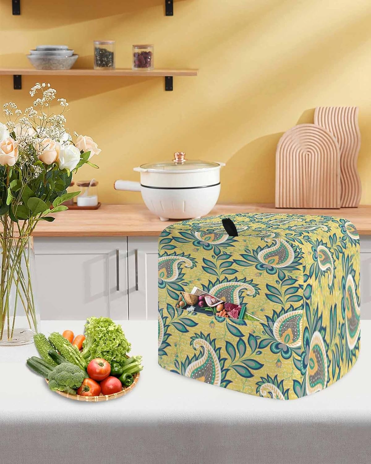 Yellow Teal Boho Botanical Stand Mixer Cover with Storage Pocket, Waterproof Kitchen Mixer Covers, Southwestern Leaves Ethnic Tribal Kitchen Appliance Dust Cover Compatible with 4/4.5 Quart Mixers