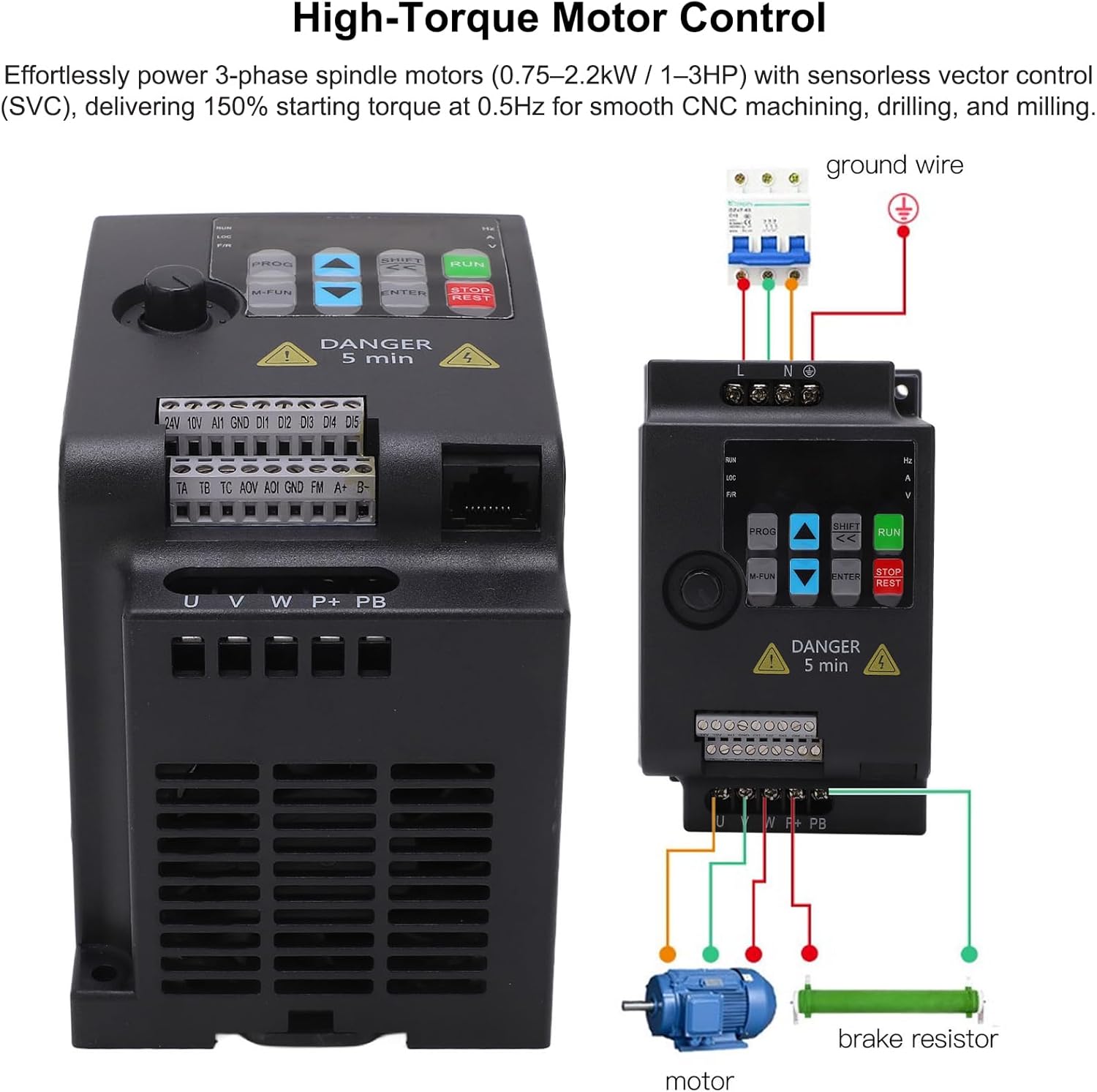 0–400 Hz High Torque Mini Vector Control VFD for Desktop CNC Machine Spindle Motor, with Remote Keypad, Programmable Speed Control, RS485, Modbus, PID and PLC (0.75kW 1HP / 4A)