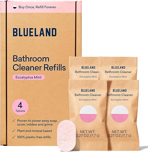 BLUELAND Paquete de 4 tabletas de repuesto para limpiador de baño, productos ecológicos y suministros de limpieza, aroma a menta de eucalipto, hace