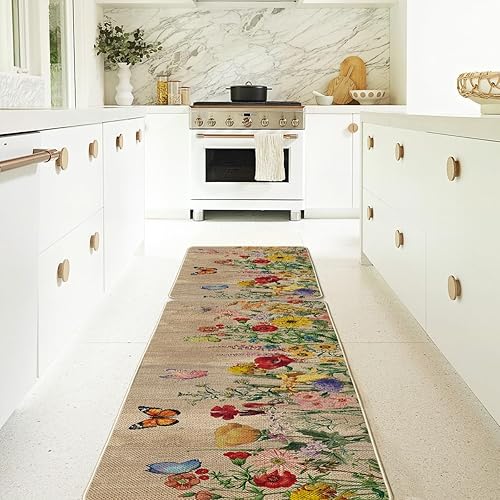 Miniatura 7 de Artoid Mode Juego de 2 tapetes de cocina con diseño de flores de madera, mariposa, primavera, decoración del hogar, hojas de bajo perfil, 17 x 29 y