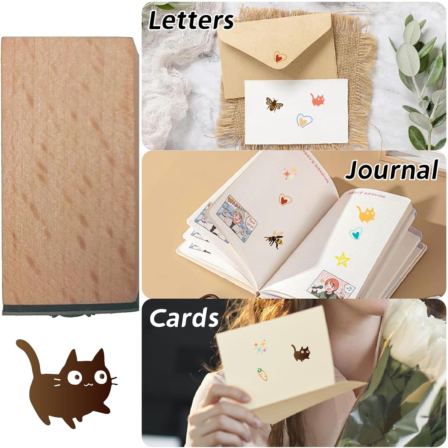 CRASPIRE Cat Wooden Stamp Animal Rubber Stamp Square 0.6 Inch Head Pet Cartoon Vintage Decorative Craft Art Print Seal Signet for DIY Scrapbooking Card Journal Diary Paper Photo Album Decoration