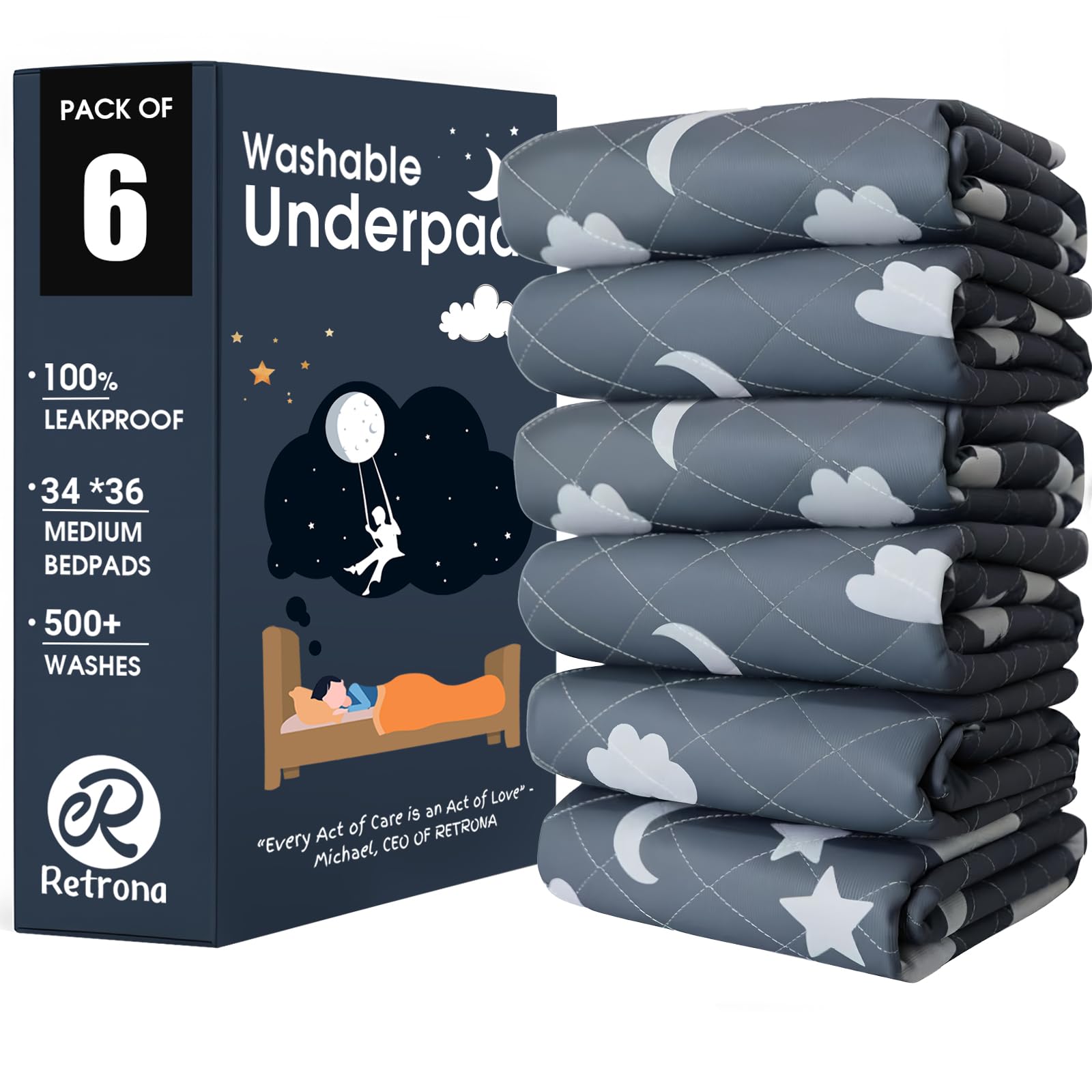 Retrona® Washable Underpads 34" x 36" Pack of 6 Heavy Absorbency Reusable Bedwetting Incontinence Pads for Adults, Kids, & Pets - Waterproof