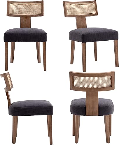 Miniatura 7 de VESCASA Sillas de comedor tapizadas de lino con patas de madera natural, sillas de comedor acolchadas con respaldo abierto curvado de ratán para