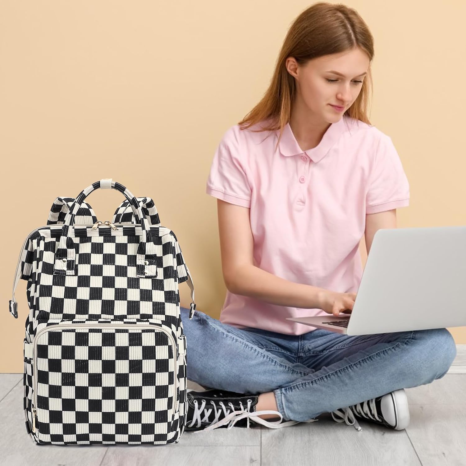 Laptop Backpack for Women, Corduroy College School Backpack Bookbag 15.6 inch Business Computer Travel Backpack (Checkered Black) - Image 6