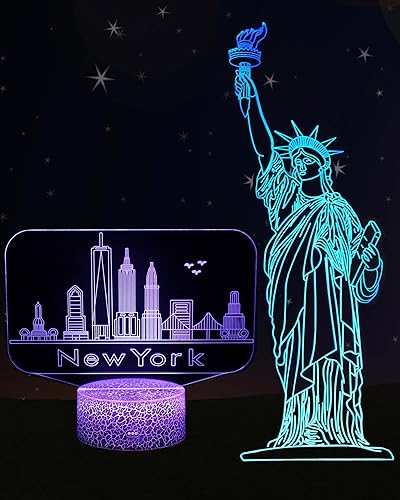 Kenmaca Night Light Statue of Liberty, New York Skyline 3D Illusion Lamp Gift 2 Patterns 16 Colors Change Dimmable Room Decor, Touch & Remote Control, Christmas Birthday Dad Mom Kid Boy Girl Teen