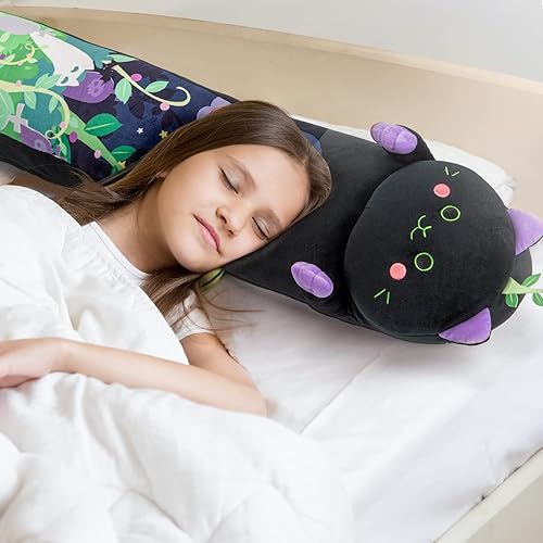 Miniatura 8 de Mewaii 2 almohadas largas de felpa de gato negro de 44 pulgadas + almohada de felpa de 44 pulgadas con ojos grandes de gatito