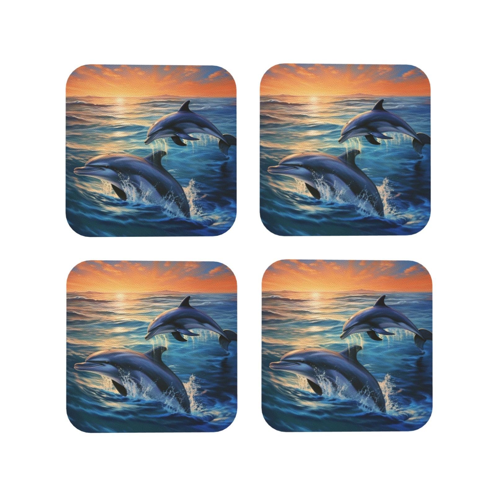 4Pcs PU Leather Coaster for Drinks, Dolphins in the sea Cup Coastersr 4" Cup Mat Pad, Aesthetic Drink Coasters for Coffee Table, Square Coaster for Tabletop Protection