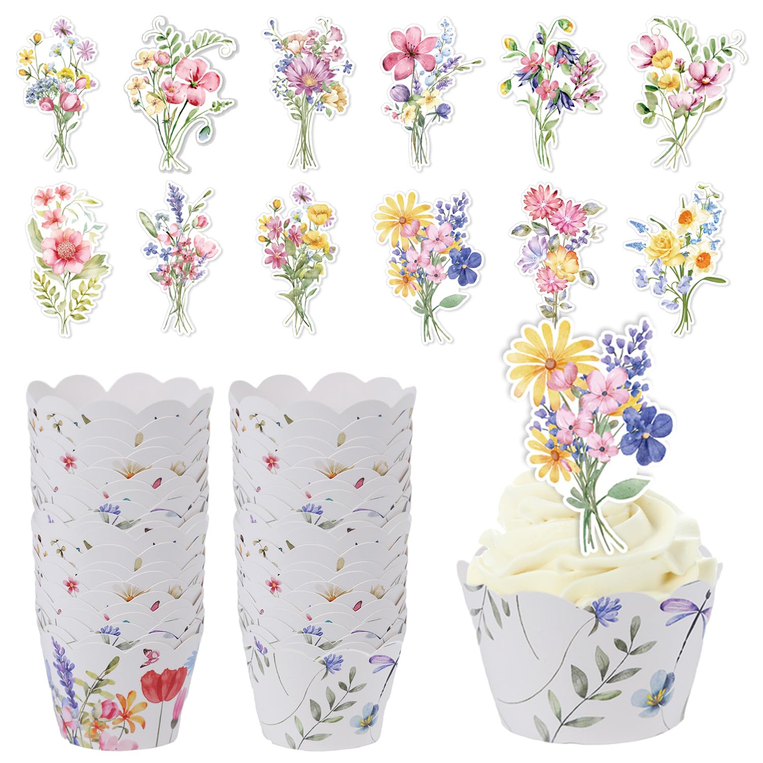 Rngmsi Wildflower Cupcake Liners and Toppers Supplies, 24PCS Flower Cupcake Liners Flower Baking Cups, Summer Spring Paper Scalloped Edge Cake