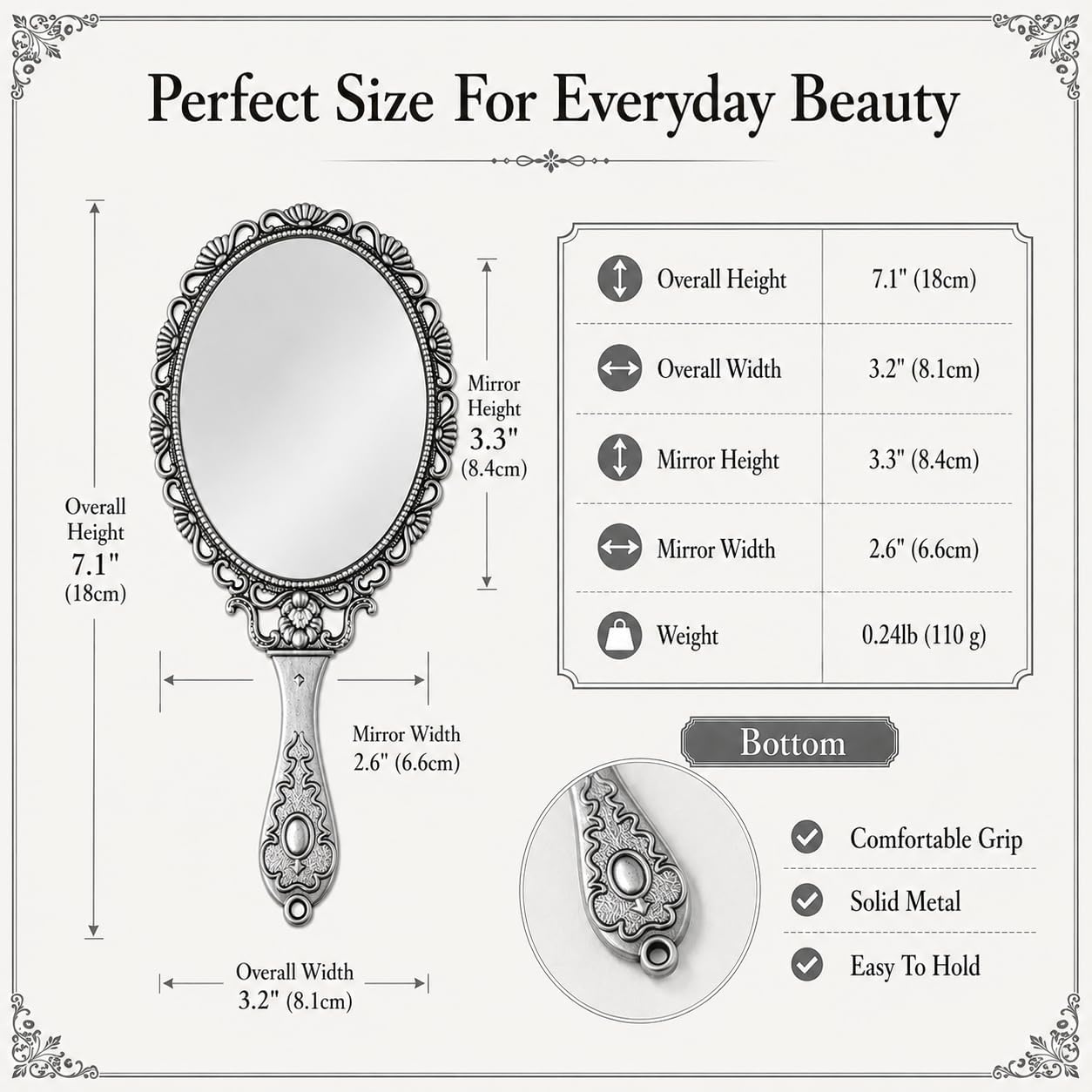 Vintage Hand Mirror with Embossed Rose on The Back Handheld Makeup Beauty Metal Mirror Compact Purse Small Mirror (Tin (Matt Silver))