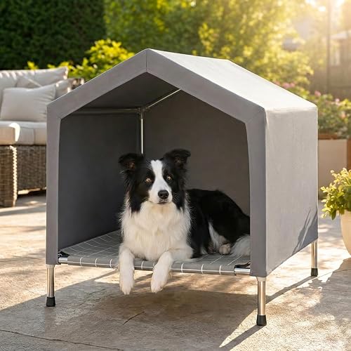 Elevated Dog House for Medium Dogs, 32"D x 26"W x 28"H Raised Dog Bed with Removable Canopy, Weather-Resistant Stainless Steel Frame & Sunshade Fabric, Portable Pet Tent Dog Cot for Indoor & Outdoor
