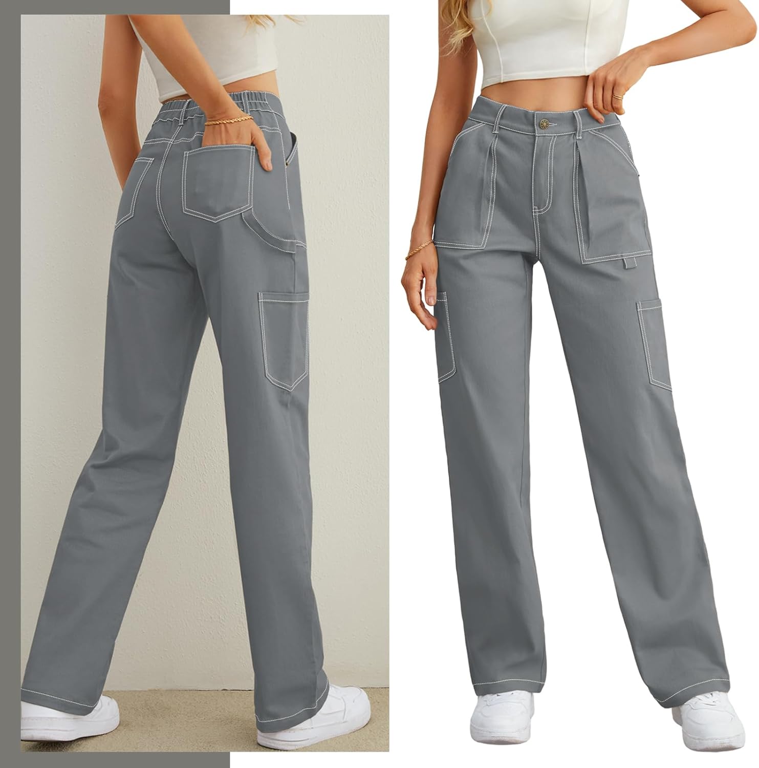 Cargo Pants Women High Waisted Wide Leg Casual Pants Baggy Stretchy Trousers Y2K Streetwear with 6 Pockets - Image 4