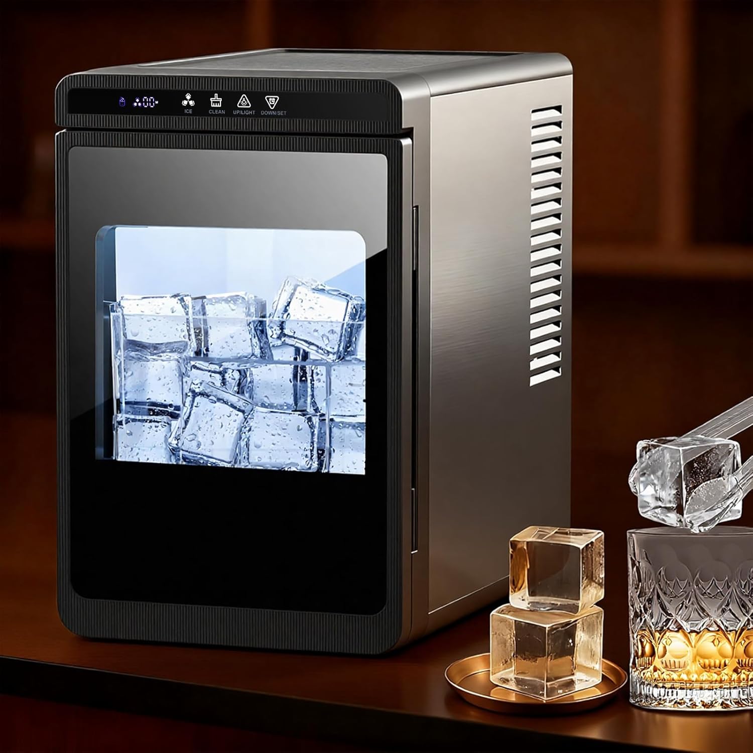 Clear Ice Cube Maker Countertop, Makes 3 Large 1.6" Cubes in 25min, 26 lbs/24H Crystal Clear Ice, Adjustable Thickness, Self-Cleaning, 24H Timer for Whiskey, Cocktails & Home Bar