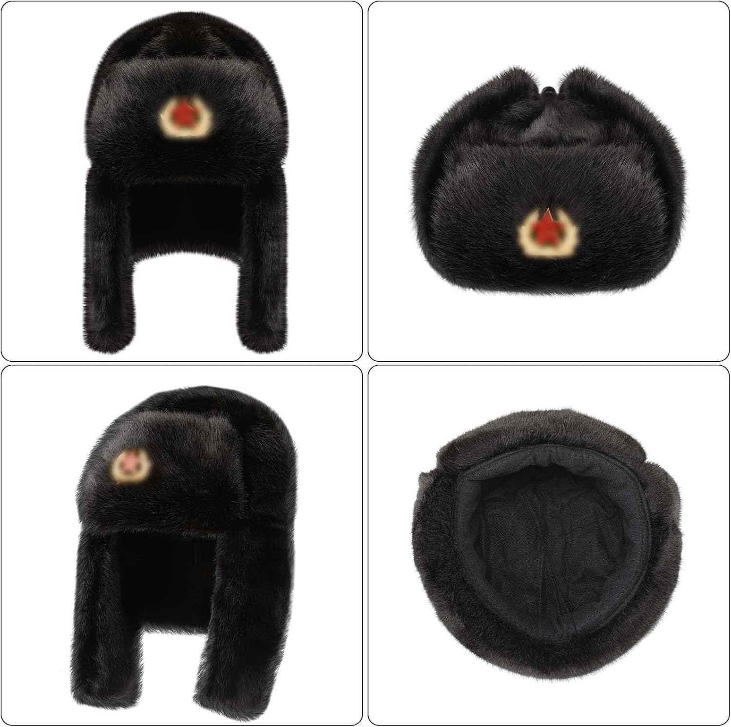 SATINIOR 2 Pieces Army Winter Hats Faux Fur Cap Cossack Trapper Black Beanie Flaps Hat with Badge for Men